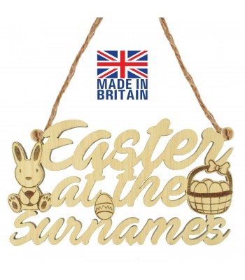 Laser Cut Oak Veneer Personalised 'Easter At The...' Sign with Easter Rabbit and Basket - 200mm Size